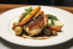 AI generated Plated chicken roast dinner on a white plate with carrot and morel mushroom. AI Generated. photo
