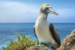 AI generated The rare blue-footed booby rests on the beach. AI Generated photo