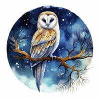 AI generated Watercolor magical owl sitting on a tree branch for T-shirt Design. AI Generated photo