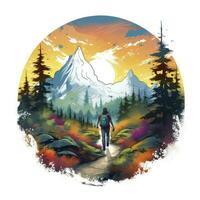 AI generated Vibrant colors wilderness hiking scene for t-shirt. AI Generated photo