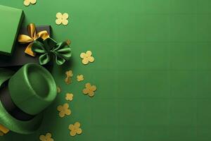 AI generated St Patrick's Day concept. leprechaun headwear gift boxes pot with gold coins. AI Generated photo