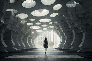 AI generated Woman walking in futuristic brutalist city street.  AI Generated. photo