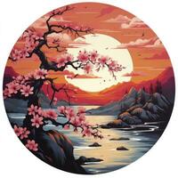 AI generated Cherry blossoms in the sunset background. Japanese tattoo style. AI Generated photo