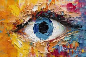 AI generated Fluorite oil painting. Conceptual abstract picture of the eye. Oil painting in colorful colors. Conceptual abstract closeup of an oil painting and palette knife on canvas. AI Generative photo