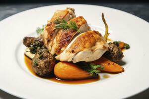 AI generated Plated chicken roast dinner on a white plate with carrot and morel mushroom. AI Generated. photo
