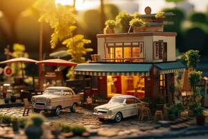 AI generated A charming and cozy coffee shop Set beside a busy highway with Warm and golden sunset light, and a Picturesque sunset view with vibrant colors. AI Generative photo