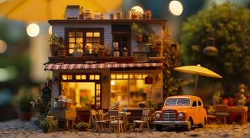 AI generated A charming and cozy coffee shop Set beside a busy highway with Warm and golden sunset light, and a Picturesque sunset view with vibrant colors. AI Generative photo