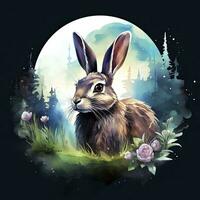 AI generated Watercolor Rabbit and Glowing Moon for T-shirt Design. AI Generated photo