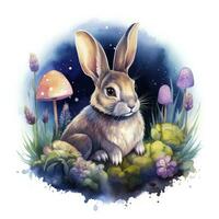 AI generated Watercolor Rabbit and Glowing Moon for T-shirt Design. AI Generated photo