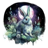 AI generated Watercolor Rabbit and Glowing Moon for T-shirt Design. AI Generated photo