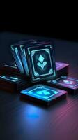 AI generated Some playing cards with glowing neon designs on a tablet. Generative AI photo