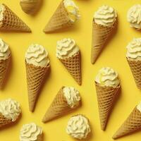 AI generated Ice Cream pattern on yellow background, top view. AI Generated photo