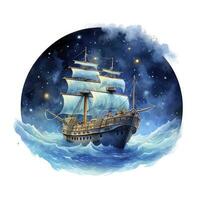 AI generated Night sea ship watercolor style for T-shirt design. AI Generated photo