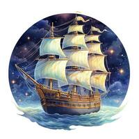 AI generated Night sea ship watercolor style for T-shirt design. AI Generated photo