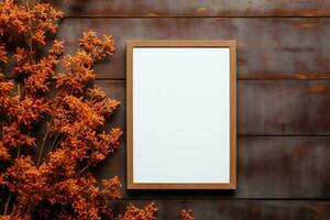 AI Generated Wooden frame. Empty space, wooden frame, wall in autumn by Generative AI photo