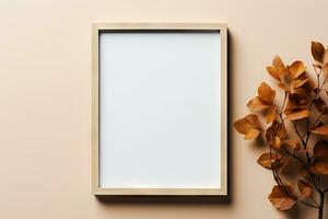 AI Generated Wooden frame. Empty space, wooden frame, wall in autumn by Generative AI photo