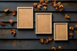 AI Generated Wooden frame. Empty space, wooden frame, wall in autumn by Generative AI photo