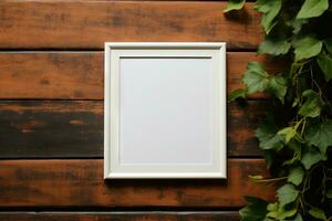 AI Generated Wooden frame. Empty space, wooden frame, wall in autumn by Generative AI photo