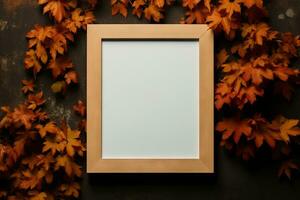 AI Generated Wooden frame. Empty space, wooden frame, wall in autumn by Generative AI photo