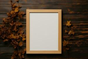 AI Generated Wooden frame. Empty space, wooden frame, wall in autumn by Generative AI photo