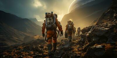 AI Generated Astronauts in futuristic space suits are exploring the surface of Mars in order to live on Mars in the future by Generative AI photo