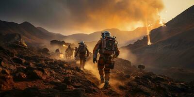 AI Generated Astronauts in futuristic space suits are exploring the surface of Mars in order to live on Mars in the future by Generative AI photo