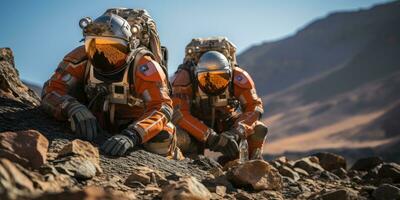 AI Generated Astronauts in futuristic space suits are exploring the surface of Mars in order to live on Mars in the future by Generative AI photo