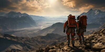 AI Generated Astronauts in futuristic space suits are exploring the surface of Mars in order to live on Mars in the future by Generative AI photo