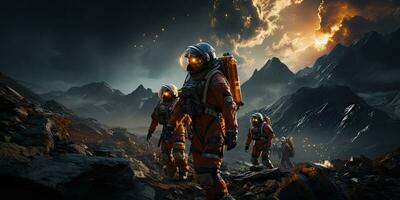 AI Generated Astronauts in futuristic space suits are exploring the surface of Mars in order to live on Mars in the future by Generative AI photo
