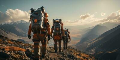 AI Generated Astronauts in futuristic space suits are exploring the surface of Mars in order to live on Mars in the future by Generative AI photo