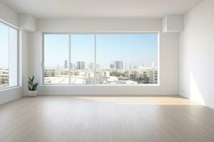 AI Generated Empty modern room with white walls and large windows Minimalist interior design in a luxury apartment The space is clean and contemporary by Generative AI photo