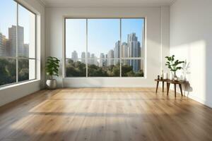 AI Generated Empty modern room with white walls and large windows Minimalist interior design in a luxury apartment The space is clean and contemporary by Generative AI photo