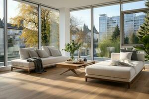 AI Generated Empty modern room with white walls and large windows Minimalist interior design in a luxury apartment The space is clean and contemporary by Generative AI photo