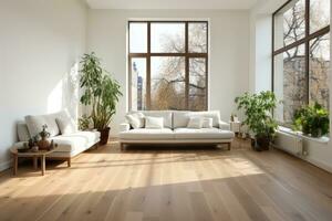 AI Generated Empty modern room with white walls and large windows Minimalist interior design in a luxury apartment The space is clean and contemporary by Generative AI photo