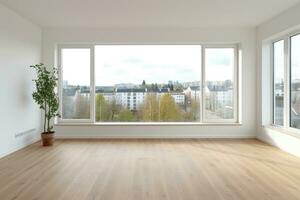 AI Generated Empty modern room with white walls and large windows Minimalist interior design in a luxury apartment The space is clean and contemporary by Generative AI photo