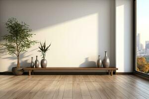 AI Generated Empty modern room with white walls and large windows Minimalist interior design in a luxury apartment The space is clean and contemporary by Generative AI photo