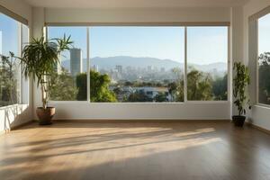 AI Generated Empty modern room with white walls and large windows Minimalist interior design in a luxury apartment The space is clean and contemporary by Generative AI photo