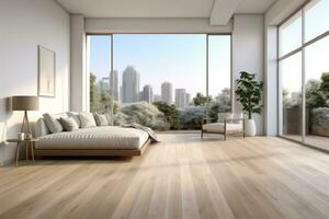 AI Generated Empty modern room with white walls and large windows Minimalist interior design in a luxury apartment The space is clean and contemporary by Generative AI photo