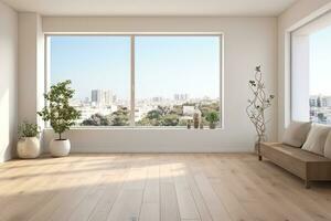 AI Generated Empty modern room with white walls and large windows Minimalist interior design in a luxury apartment The space is clean and contemporary by Generative AI photo