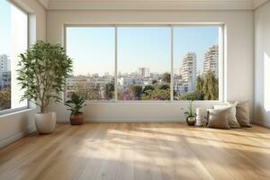 AI Generated Empty modern room with white walls and large windows Minimalist interior design in a luxury apartment The space is clean and contemporary by Generative AI photo