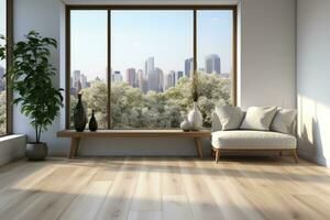 AI Generated Empty modern room with white walls and large windows Minimalist interior design in a luxury apartment The space is clean and contemporary by Generative AI photo