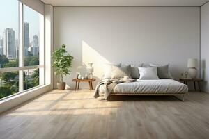 AI Generated Empty modern room with white walls and large windows Minimalist interior design in a luxury apartment The space is clean and contemporary by Generative AI photo