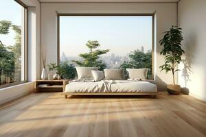 AI Generated Empty modern room with white walls and large windows Minimalist interior design in a luxury apartment The space is clean and contemporary by Generative AI photo