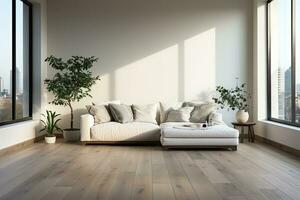 AI Generated Empty modern room with white walls and large windows Minimalist interior design in a luxury apartment The space is clean and contemporary by Generative AI photo