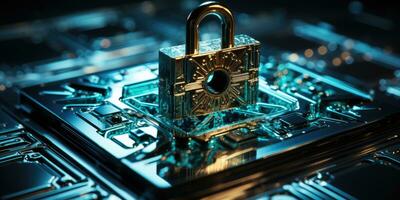 AI Generated Cybersecurity and data concept, lock, binary digits, key background, orange and dark , modern, high quality, technology by Generative AI photo