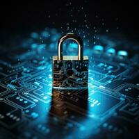 AI Generated Cybersecurity and data concept, lock, binary digits, key background, orange and dark , modern, high quality, technology by Generative AI photo