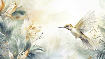 AI generated Golden Tropical Wallpaper with Watercolor Painting of White Hummingbird Amongst Lustrous Golden Palm Leaves. photo