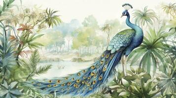 ai generado acuarela ilustración de un tropical selva adornado con pavos reales en un dos tono paleta de blanco y oro. foto