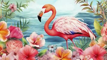AI generated Tropical Serenity Digital Watercolor Painting of a Flamingo Amidst Lush Lakes in Vivid Colors, Creating a Captivating Pattern Wallpaper. photo