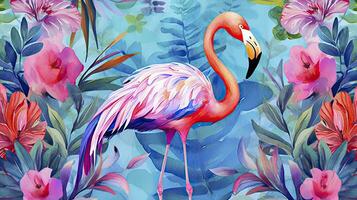 AI generated Tropical Serenity Digital Watercolor Painting of a Flamingo Amidst Lush Lakes in Vivid Colors, Creating a Captivating Pattern Wallpaper. photo